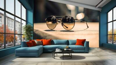 pair of sunglasses sitting on top of a sidewalk. Generative Ai Wall mural