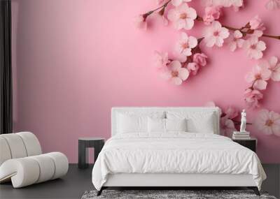 pink cherry blossoms on pink background  concept mockup Wall mural