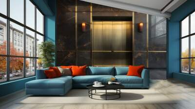 Polished metal elevator doors contrast with the dark, veined marble of an opulent lobby Wall mural