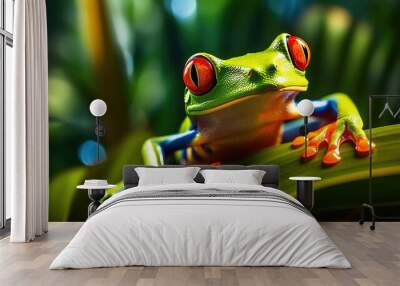 Red Eyed Tree Frog on a Leaf with blurred Background. Generative Ai Wall mural