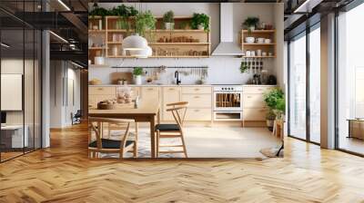 Scandinavian classic kitchen with wooden decor and green plants, minimalistic interior design. Generative Ai Wall mural