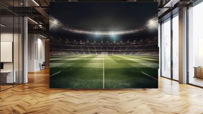 soccer stadium with illumination, green grass and night sky. Generative Ai Wall mural