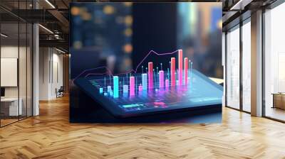 tablet is placed on top of a device displaying financial graphs Wall mural