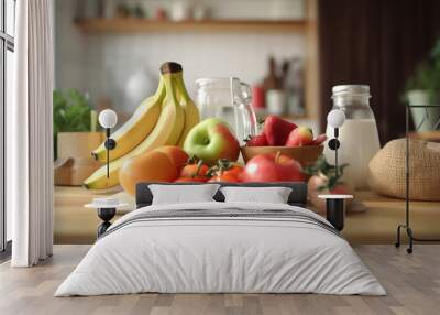 Variation of fruits, vegetables, dairy products on wooden countertop on blurred kitchen background. Generative Ai Wall mural