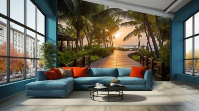 walkway with palm trees leading to a tropical beach. Generative Ai Wall mural