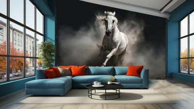 White horse run forward in dust on dark background. Generative Ai Wall mural