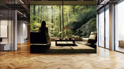 Woman sitting in an interior living room in a forest. Generative Ai Wall mural