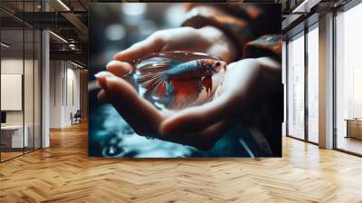 A beautiful ornamental fish is swimming in someone's hand. there is water. cinematic style, close-up Wall mural