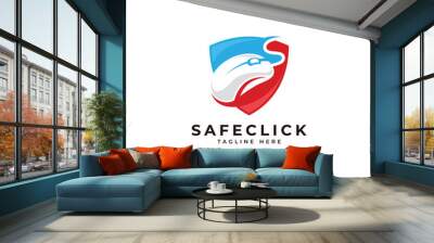 Safe click logo, computer mouse and security shield icon vector Wall mural