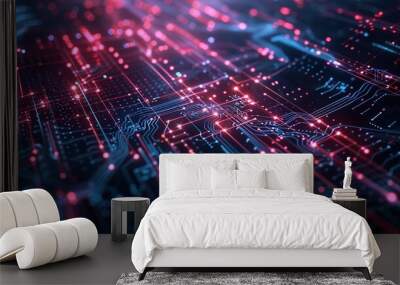 Abstract tech background featuring illuminated fiber optic connections, a quantum computing network system, and global electronic intelligence. Wall mural