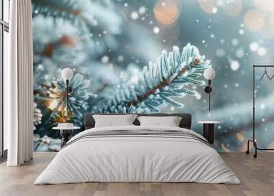 Christmas background. Xmas tree with snow decorated with garland lights, holiday festive background. Widescreen frame backdrop. New year Winter art design, Christmas scene wide screen holiday border  Wall mural