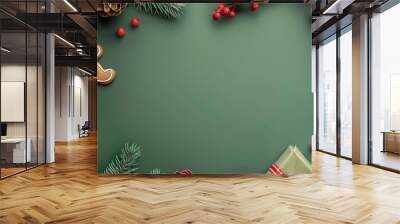 Christmas decorations with gift box on green background. 3d rendering Wall mural