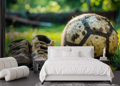 Close up shot of a worn soccer ball with orange cleats on a grass field. Wall mural