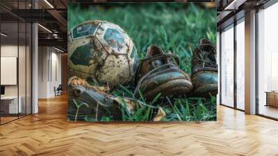 Close up shot of a worn soccer ball with orange cleats on a grass field. Wall mural