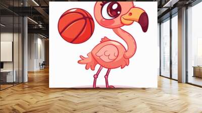 cute Flamingo playing basket ball cartoon icon illustration Wall mural