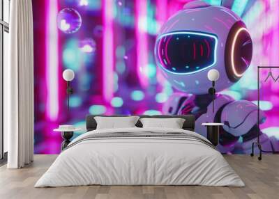 Gaming joystick 3d cute character On neon background Wall mural