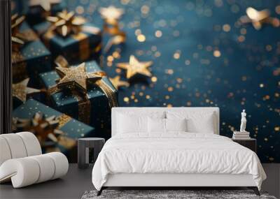 illustration of blue gifts with golden bows and ribbons placed on blue background near stars Wall mural