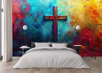 Jesus Christ with cross. Christian background god religion cross religious symbol Wall mural