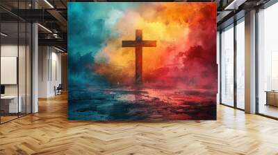 Jesus Christ with cross. Christian background god religion cross religious symbol Wall mural