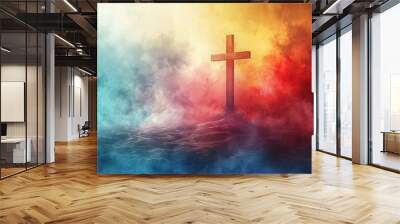 Jesus Christ with cross. Christian background god religion cross religious symbol Wall mural