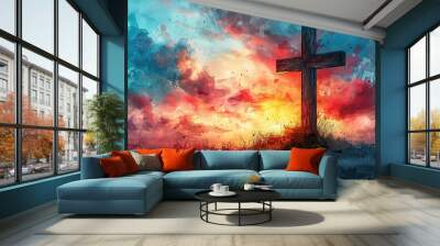 Jesus Christ with cross. Christian background god religion cross religious symbol Wall mural