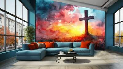 Jesus Christ with cross. Christian background god religion cross religious symbol Wall mural