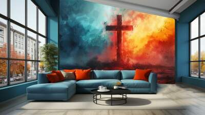 Jesus Christ with cross. Christian background god religion cross religious symbol Wall mural