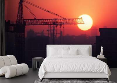 A construction crane silhouetted against a vibrant sunset in an urban landscape. Wall mural