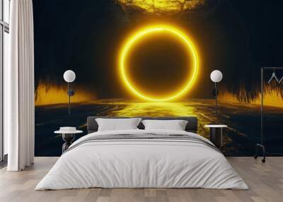 A glowing circular portal in a dark, reflective environment. Wall mural