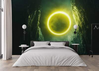 A glowing circular portal surrounded by rocky cliffs in a misty environment. Wall mural