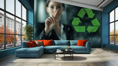 A professional woman interacts with a digital recycling symbol, promoting sustainability. Wall mural