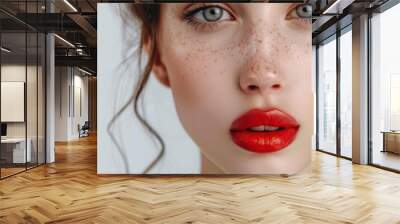 close up view of woman's face wearing make up on white background Wall mural