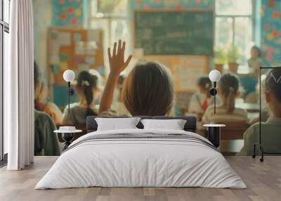 little girl raises one hand in school class Wall mural