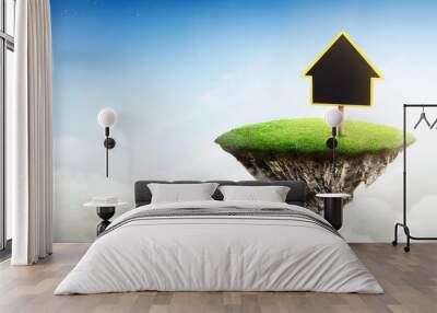 House symbol with location pin icon on cubicle soil and geology cross section with green grass. fantasy floating island natural landscape with paradise concept on top sky. real estate sale concept. 3D Wall mural