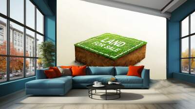 land for sale sign against lawn on cubicle soil and geology cross section with green grass, ground ecology isolated on light color. real estate sale, property investment concept. 3d illustration. Wall mural