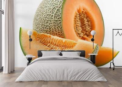 A slice of cantaloupe is cut in half on a transparent background. Wall mural