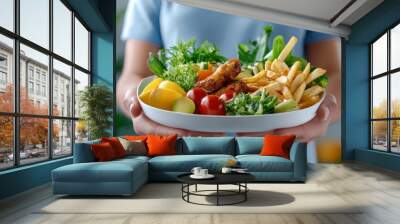 Balanced Meal Presentation, Bowl with fresh vegetables, fries, and grilled meat, Healthy Eating Concept. Wall mural