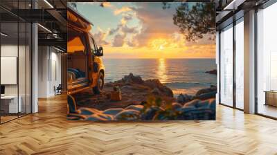 Coastal Camper Sunset, Ocean view with vibrant sky, Seaside Serenity Wall mural