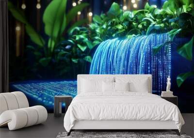 Cyber Garden, Illuminated blue digital waterfall with lush green plants, Tech-Infused Nature. Wall mural