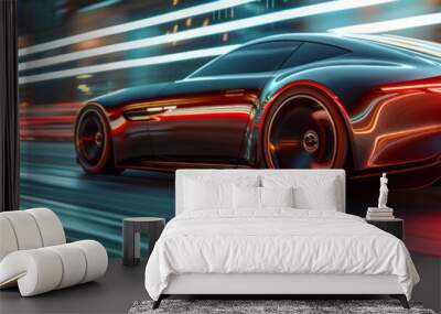 High-speed red sports car driving at night with motion blur effects emphasizing dynamic performance. Wall mural