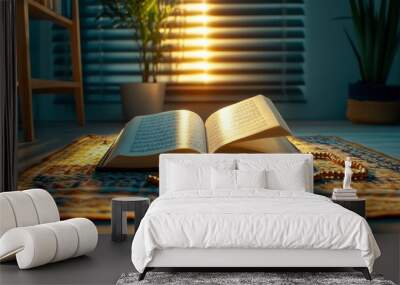 Quran at Sunrise, Open Quran on a prayer mat bathed in morning light through window blinds, Tranquil Morning Reflection. Wall mural