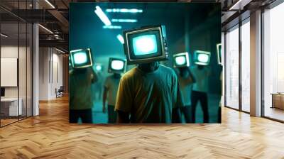 Surreal Society, People with TV screens for heads in dark industrial setting, Technological Dystopia. Wall mural