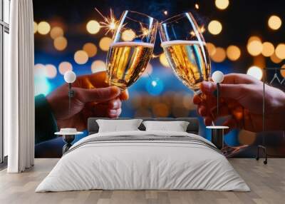 Toasting Champagne, Clinking glasses festive lights, Celebration cheers. Wall mural