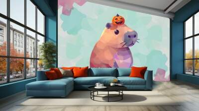 A whimsical capybara adorned with a cute pumpkin hat against a colorful abstract background, perfect for festive themes. Wall mural