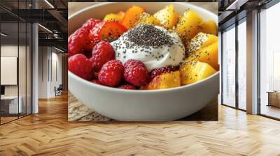 A bowl of fruit salad topped with a sprinkle of chia seeds and a dollop of yogurt, set against a rustic kitchen counter with a cheerful and healthy vibe. Wall mural