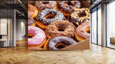 A box of mixed donuts with different toppings like chocolate, nuts, and fruity glazes. Wall mural