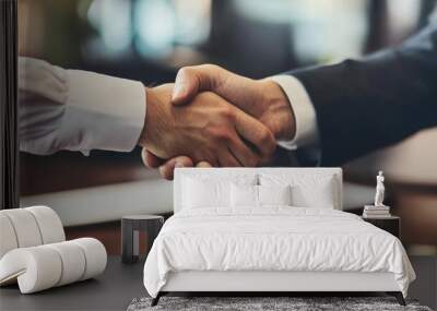 A businessperson shaking hands with a client, sealing a deal with smiles and firm handshakes. Wall mural