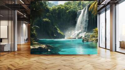 A cascading waterfall flowing into a crystal-clear turquoise lagoon, surrounded by lush tropical vegetation. Wall mural