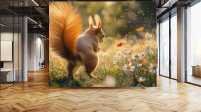 A close-up of a red squirrel's fluffy tail as it dashes across a grassy meadow, with colorful wildflowers and a blurred background. Wall mural