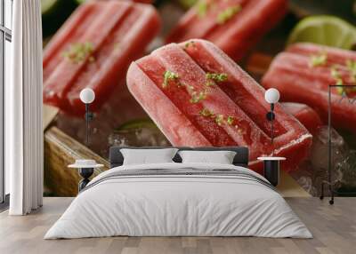 A close-up of chilled watermelon popsicles on a wooden tray, sprinkled with lime zest and surrounded by ice cubes, offering a refreshing summer treat. Wall mural